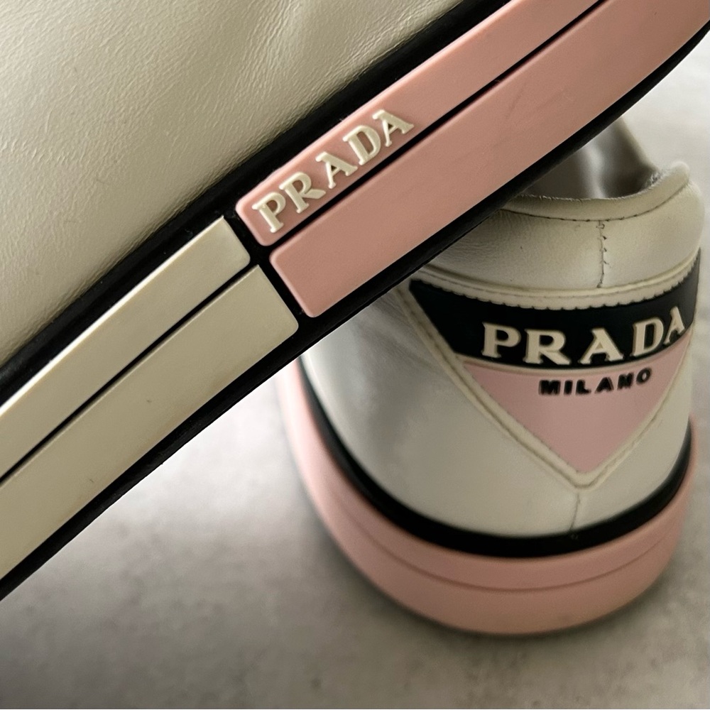 PRADA Womens Vitello Soft 3 Low Profile White/Pink Leather Sneakers, 37.5 - Picture 3 of 13